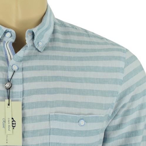 NEW MENS REPORT COLLECTION POCKET STRIPED BLUE LINEN BLEND BUTTON FRONT SHIRT L - Picture 3 of 3
