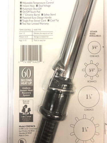 Conair CD87ACS Hot Sticks Curling Iron 1", 3 Temperature Controls, Etc. NEW - Picture 10 of 11