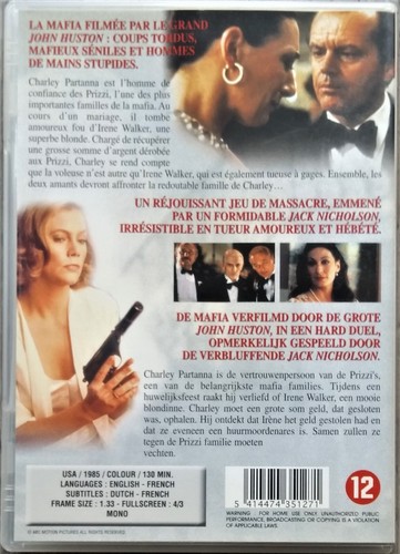 DVD L'HONNEUR DES PRIZZI/JOHN HUSTON/JACK NICHOLSON/KATHLEEN TURNER/PARODIE/1985 - Picture 2 of 2