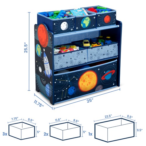 Toy Organizer Space Adventures 6-Bin Kids Playroom Bedroom Toys Wood Fabric Blue - Picture 6 of 6