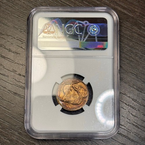 MS65 1938-D Buffalo Nickel Rev. Lamination Error, NGC Certified- Rainbow Toned - Picture 10 of 14
