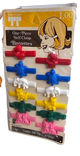 Tip-Top Barrettes One Peice Self Clasp 12 Hair Clips NOS USA Cat Duck Bee VTG - Picture 1 of 3