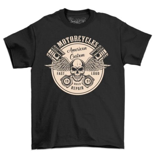 Men's Motorcycle T-Shirt Skull & Wings American Custom Motorbike Slogan Shirt - Picture 2 of 6