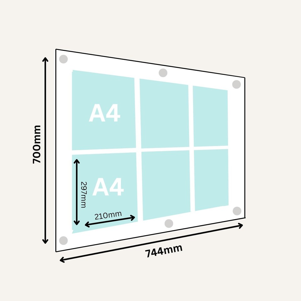 6 Pocket Clear Acrylic Company Display/Notice Board. Wall Mount Display