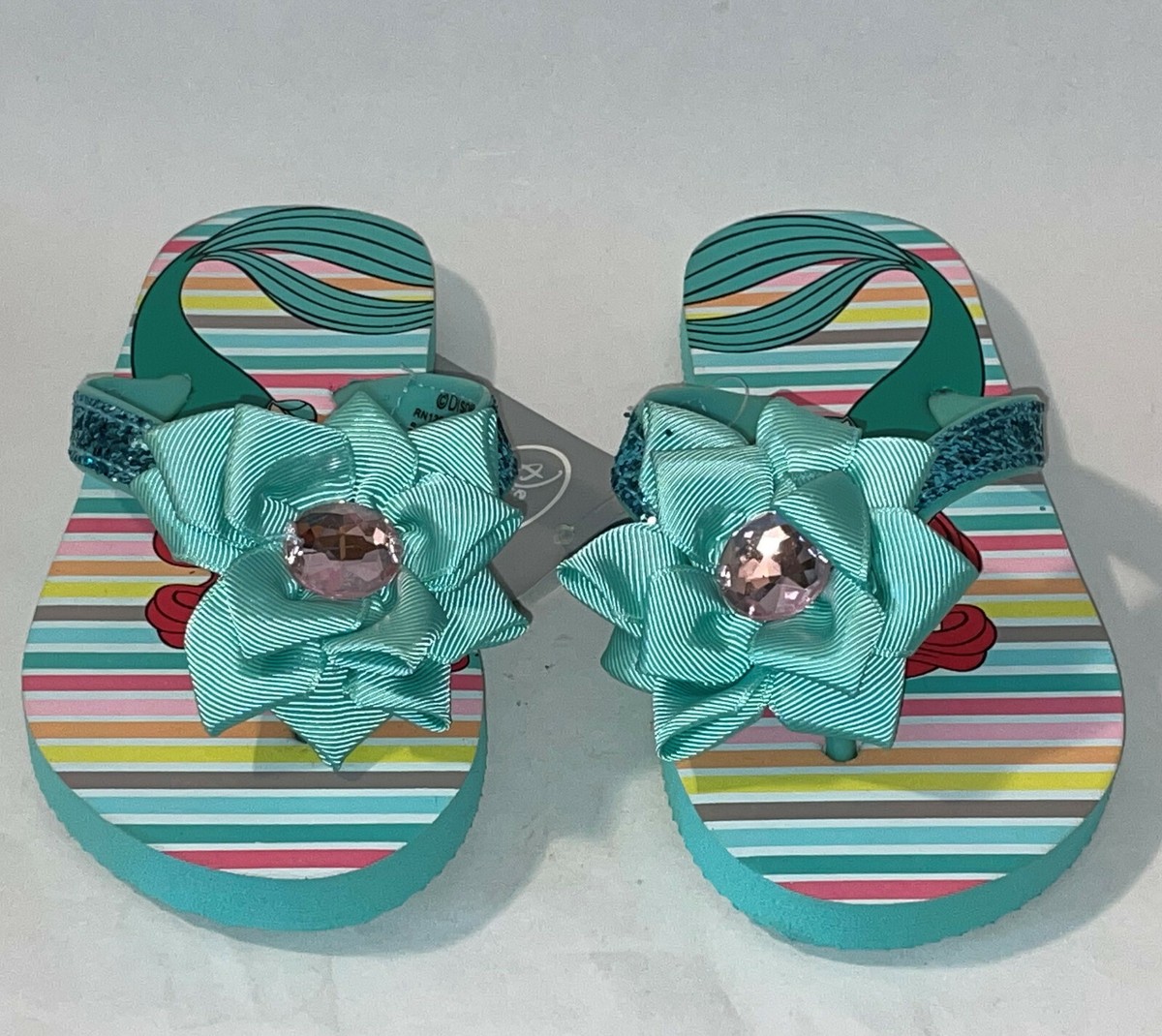 DISNEY STORE Little Mermaid Ariel Jewel Flower FLIP FLOPS GIRLS 9/10 11/12  NWT