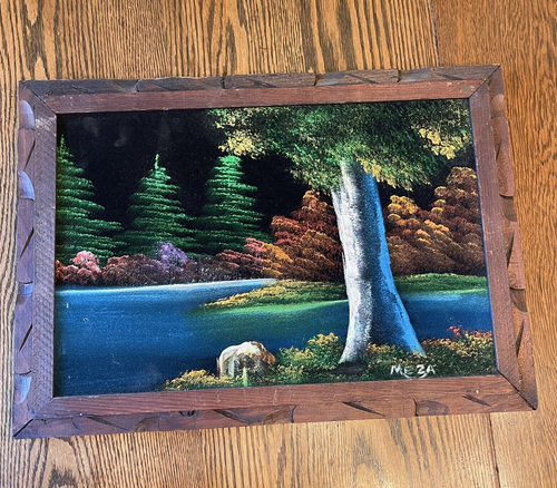 Vintage Velvet Painting Lake Scene Landscape Framed Home Decor 70s Rustic 20x14" - Picture 2 of 12