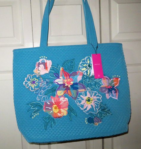 Vera Bradley Turquoise Happy Blooms 18" X 14" Large Microfiber Vera Tote Bag NWT
