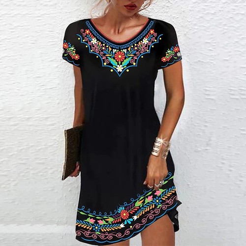 Womens Boho Floral Midi Dress Ladies Summer Holiday Casual Loose Sundress - Picture 6 of 14