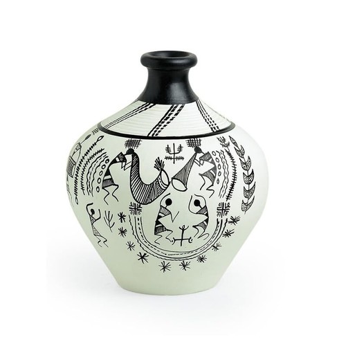 ExclusiveLaneTerracotta Handpainted Warli Flower Pot, White 6 Inches - Picture 2 of 8