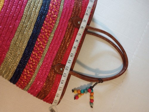 Style & Co large multi colored wicker tote with bead accent & zipper closure - Picture 7 of 10