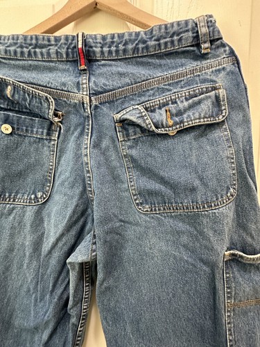 Vintage Tommy Hilfiger Baggy Cargo Jeans Damen Größe 12 Flagge Logo Pattentaschen hinten - Bild 8 von 10