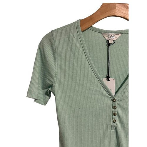 Lee Henley T-Shirt Womens Size Medium Slim Fit Ribbed Green V Neck Short Sleeve - Picture 2 of 10