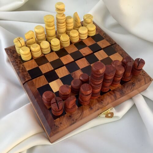 Portable Chess Board Game Pieces Pocket Small Thuya Ebony Root Wood Box Mini Toy - Picture 2 of 14