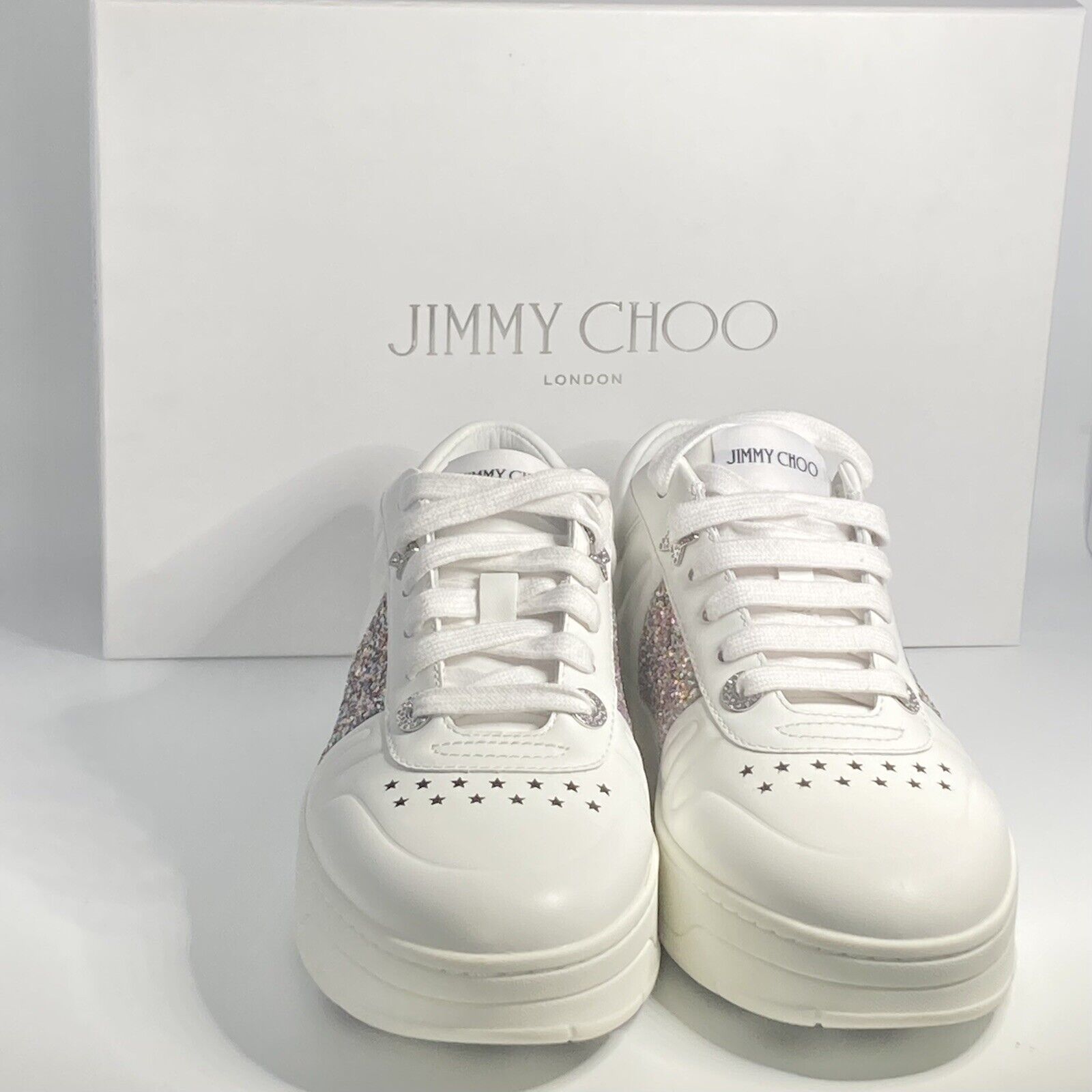 New Jimmy Choo Hawaii Glitter Leather Sneakers Size 37.5EU/7.5US $580