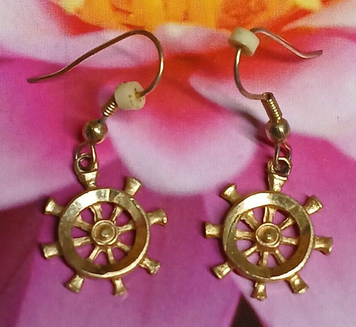 Gold Tone Nautical Ship Wheel Dangle Wire Earrings