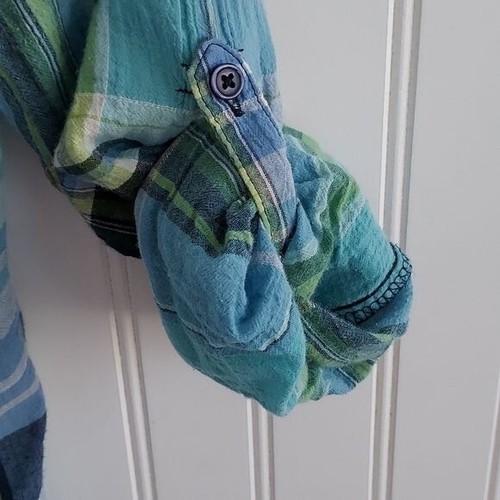 Mossimo & Co Plaid Button Down Shirt Collared Roll Tab Sleeve Blue Green - Picture 5 of 7