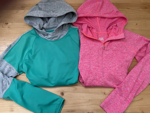 Lot of 2 Athleta Girl L /12 Hooded Long Sleeve Pink /Green Top Pullovers 16x23
