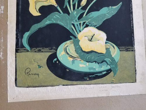 Konvolut 2 Vintage Gemälde? / Drucke? Signierte Ramay leuchtend gelbe Blumenmuster - Bild 11 von 12