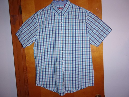NEW MEN'S "IZOD" AQUA & BLUE PLAID,S/S SHIRT w/ BUTTON DOWN COLLAR - Picture 1 of 3