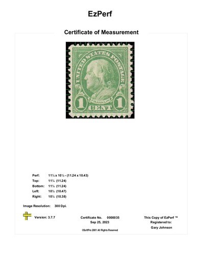 US Stamp #632 - 1927 1¢ Benjamin Franklin, EzGrade™ G/VG, EzPerf™ 11 x 10 ½ MLH - Picture 3 of 4
