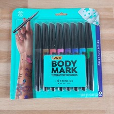 BIC Body Mark Temporary Tattoo Marker Multicolor (8-Pack)+4 Stencils New