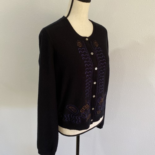 DKNY Women's 95%Lambs Wool 5% Cashmere Black Embroidered Cardigan Sweater Sz L - Picture 3 of 9