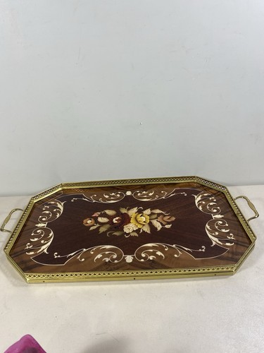 Bandeja de madera con incrustaciones de marquetería Italia 12"x 21" con adornos y asas de latón ~ ¡Hermosa! - Imagen 5 de 7
