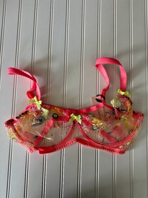 Agent Provocateur Zuri Bra Size 38F Pink Embroidered Floral Mesh Plunge Lingerie
