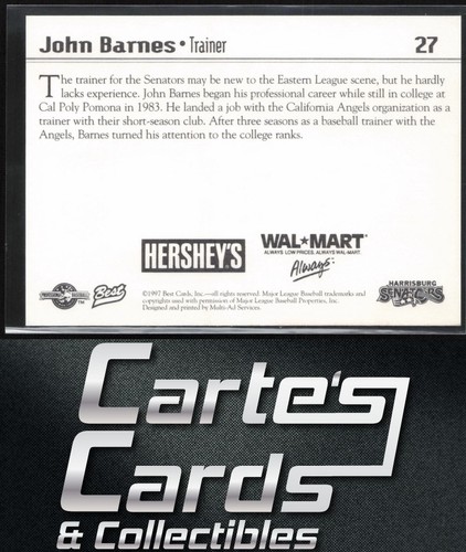 John Barnes 1997 Best Harrisburg Senators #27 Harrisburg Senators Trainer - Picture 2 of 2