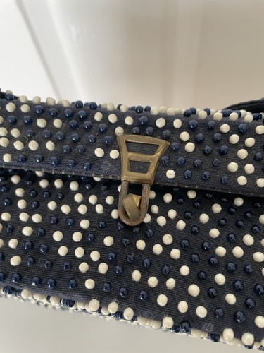 Ladies Navy/white 50,s Vintage Beaded Handbag With Metal Clasp - Picture 2 of 14