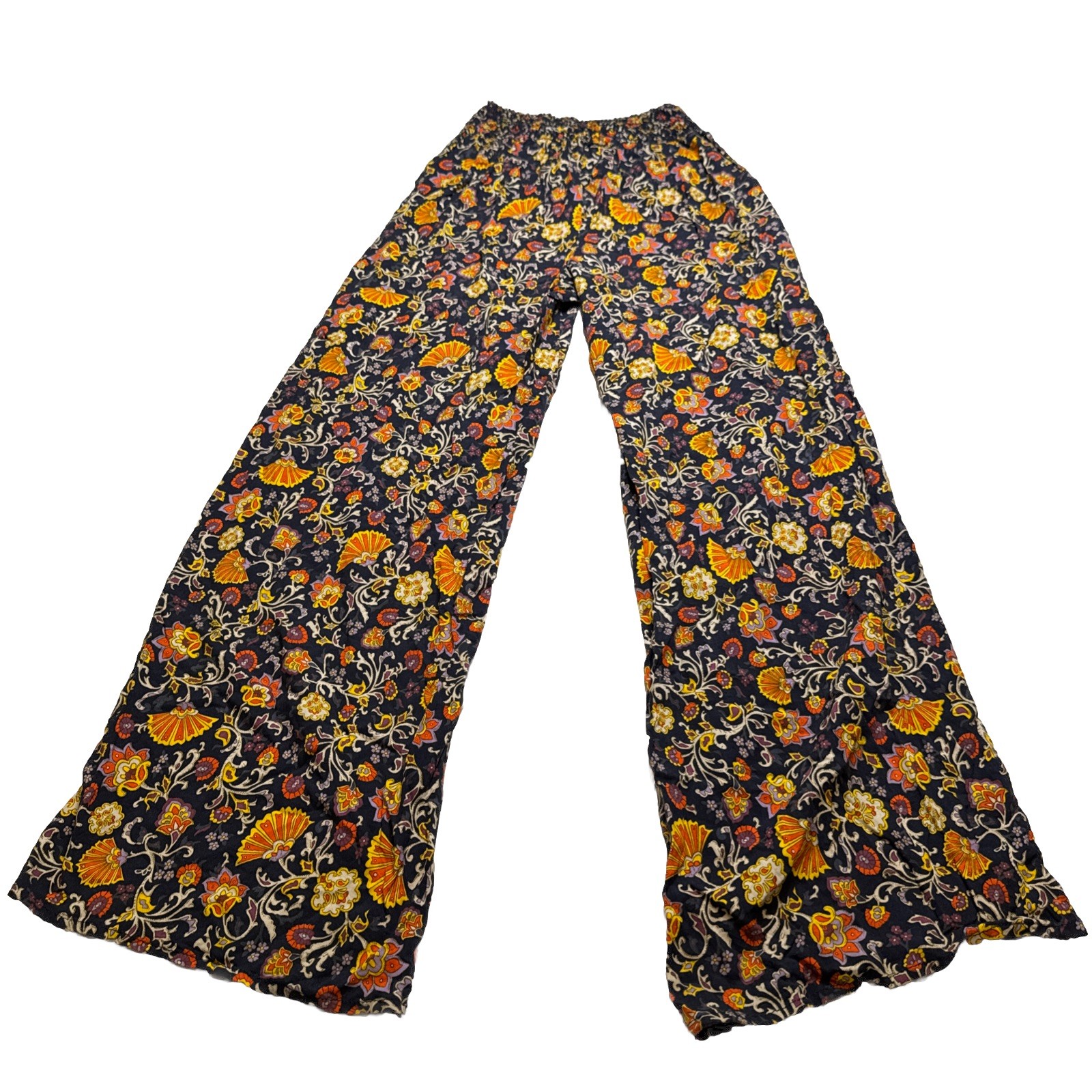 One 5 One Womens Floral Paisley Wide Leg Smocked Tassel Pants Navy Blue Medium image 2