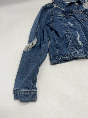I&M Jeans Jacket Size S Denim Blue Button Front Ripped Distressed Pockets - Picture 2 of 15