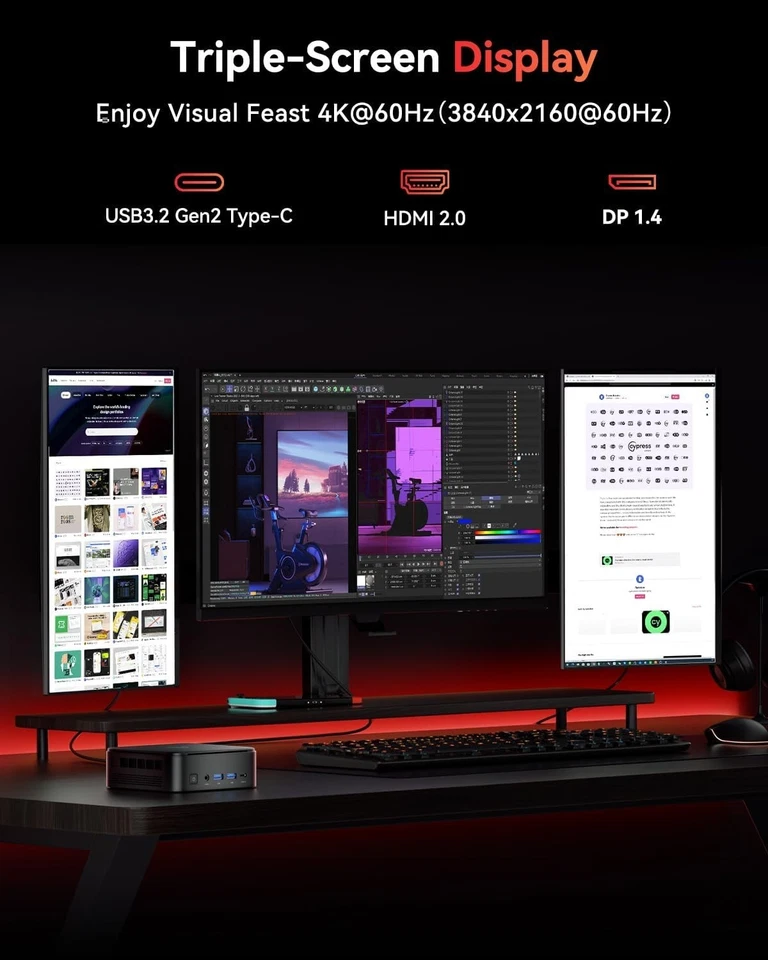 NIPOGI Mini PC AMD R5 7430U 16GB DDR4 RAM+512GB SSD 2.4G/5G WIFI Windows 11 PRO - Bild 4 von 4