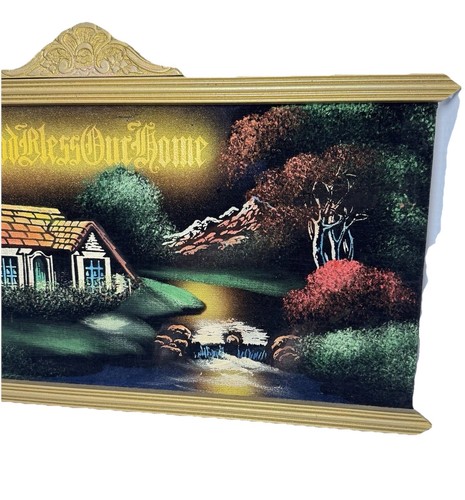 Vintage Velvet Painting Wall Art Sign God Bless Our Home Wood Frame Painting 25" - Picture 5 of 10