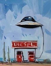 Gas Station Illustration UFO PRINT Art Canvas Landscape By Artist Jose Trujillo