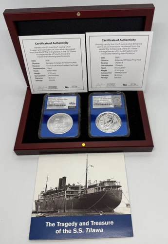 2- Set 1oz Silver Coin 2025 Krugerrand & Britannia SS Tilawa NGC MS70 Ship Privy