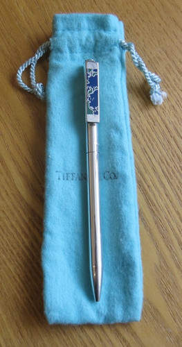 HTF TIFFANY & CO STERLING BLUE & GREEN ENAMEL MAP? BALL POINT PEN W/ ORIG POUCH