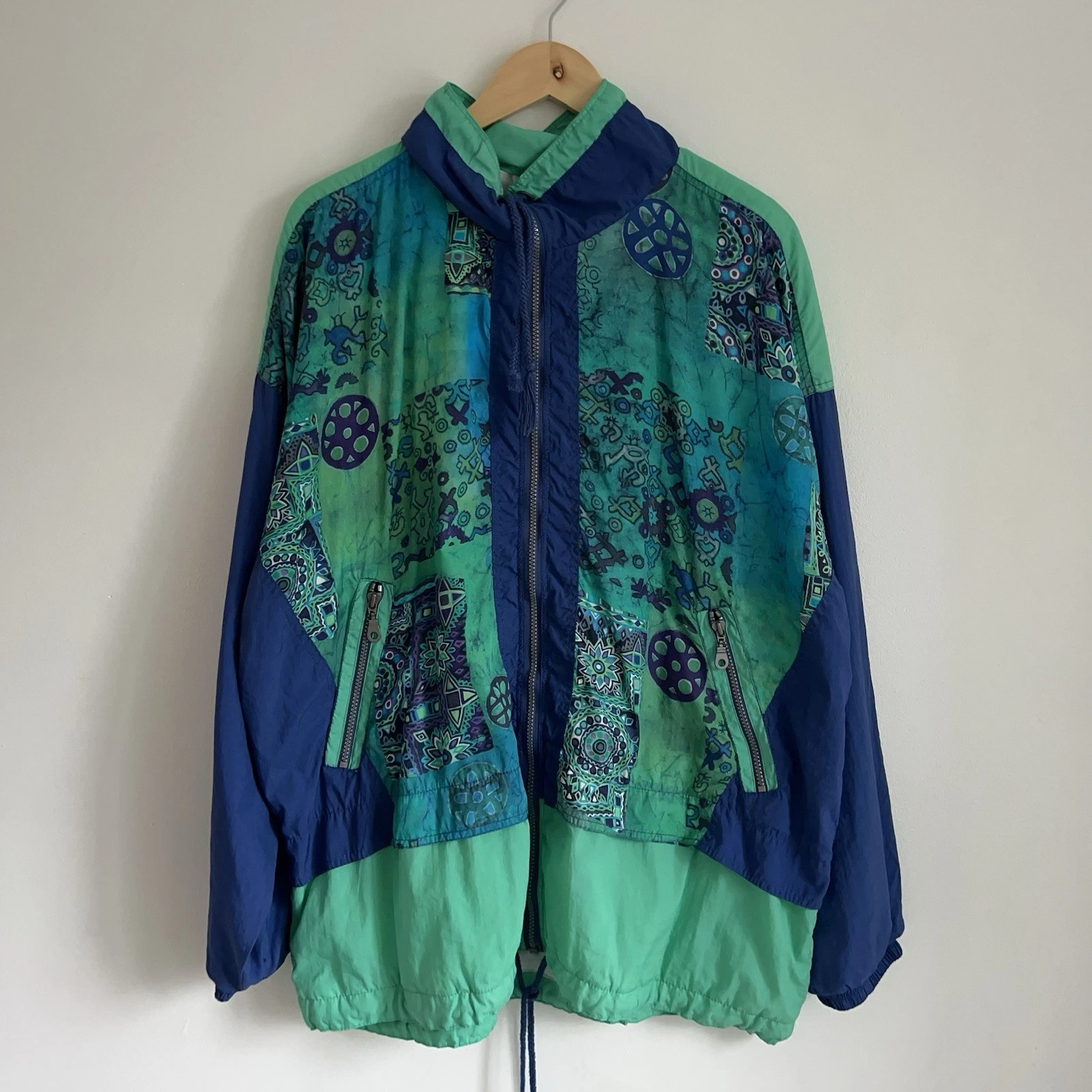 Mens Vintage abstract tribal Jacket Nylon Festival Windbreaker Large Oversized