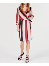 BAR III Womens Black Belted Striped V Neck Knee Length Party Wrap Dress S