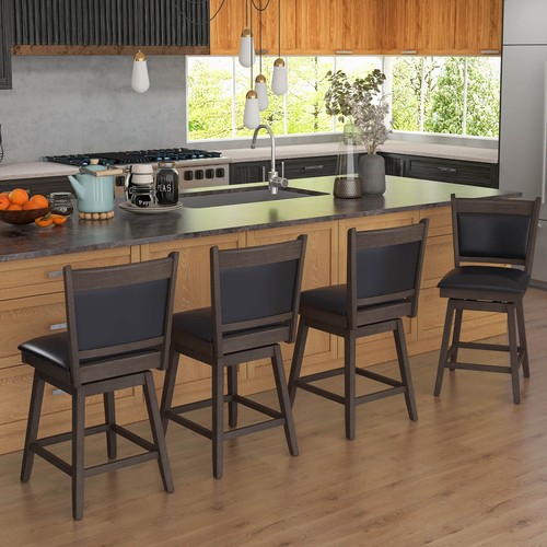 25" Swivel Bar Stools Set of 4 w/ Back Rubber Wood Legs Sturdy Footrest - Picture 3 of 8