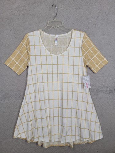 Lularoe Perfect T Shirt Small New Tunic Top Slits Yellow Check Short Sleeve