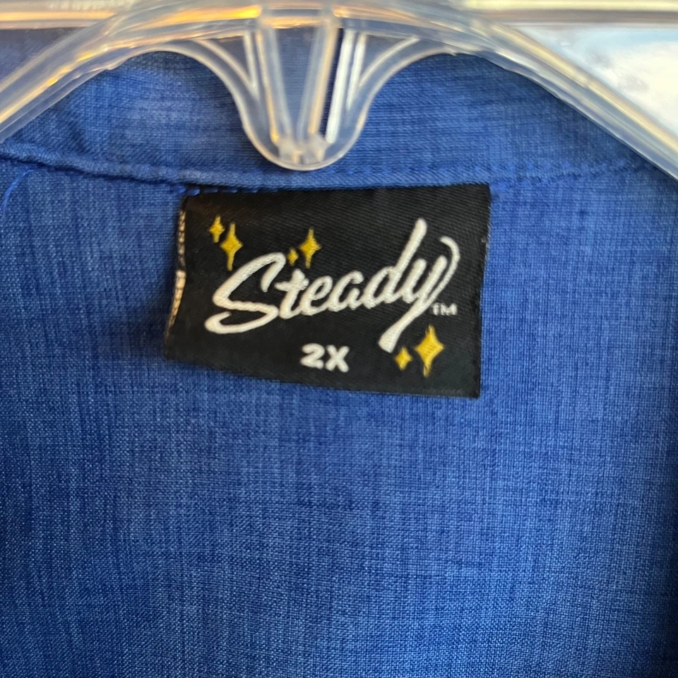 Steady Shirt Mens 2X 2XL Blue White Tiki Retro Bowling Camp Button Up USA - Image 2 of 4