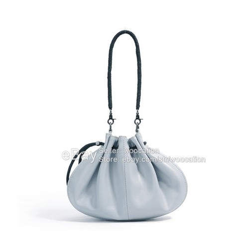 Mini White Lambskin Leather Crossbody Bag Chic Drawstring Pouch Bag Ruched Hobo - Picture 13 of 20