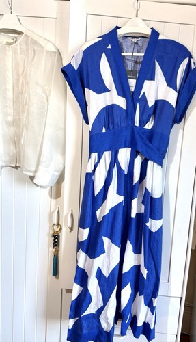 Country Road sapphire geo blue print organic linen wrap midi dress size 14 NEW - Picture 4 of 5