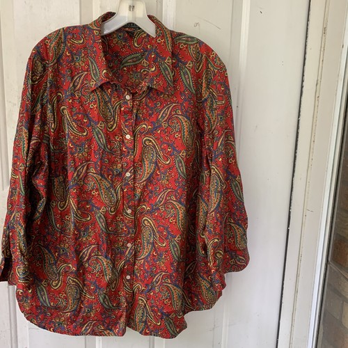 Lauren Ralph LRL Top Womens 3X Red Paisley 100% Cotton 3/4 Sleeve button Plus