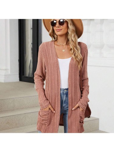 Women's Open Front Ribbed Cardigan With Long Sleeves And Front Pockets - Picture 23 of 29