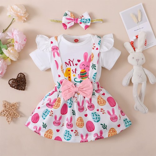 Baby Girl Easter Outfits Short Sleeve Rabbit Romper Bodysuit+ Bunny Suspender... - Bild 2 von 7
