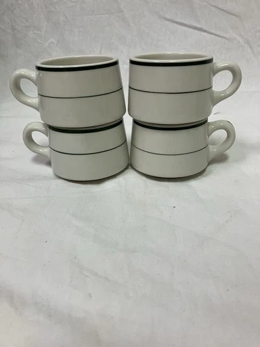 4 Vintage Shenango China Restaurant Ware White W/Green Stripe Coffee Tea Cups