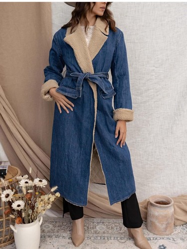 Winter Sherpa Fleece Lined Long Denim Coat Windproof Thick Trench Coat with Belt - Picture 5 of 8