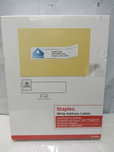 Staples Laser/Inkjet Address Labels 1" x 4" Bright White  5000 Labels  (S30K) - Picture 6 of 9